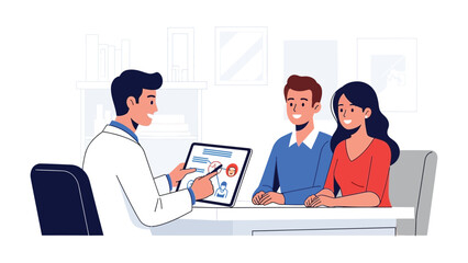Healthcare Consultation: A doctor points to a medical diagram on a tablet, consulting a couple in a healthcare setting, emphasizing patient communication and medical insights.