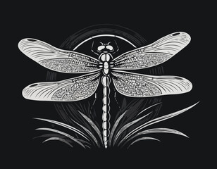 Elegant dragonfly illustration in black and white woodcut style