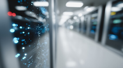 Inside a data center, shimmering digital information streams through server racks, visualizing modern technology and technological advancements, a symbol of connectivity, progress and the digital age.