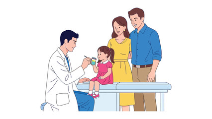 Pediatric Checkup Illustration: A caring pediatrician examines a young girl as her parents stand by, radiating reassurance and support in a colorful, heartwarming scene.