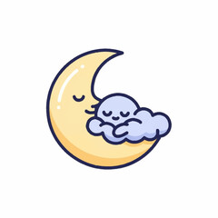 Obraz premium Cute cartoon moon sleeping peacefully on a cloud.