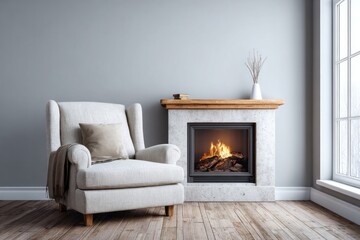 Comfortable fabric armchair positioned beside an illuminated hearth in a softly lit room