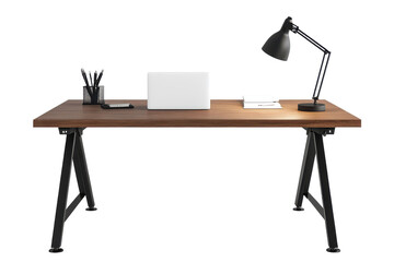 Fototapeta premium Rustic wooden desk with laptop and lamp isolated on transparent background. Minimalist office desk with lamp table isolated on white background.