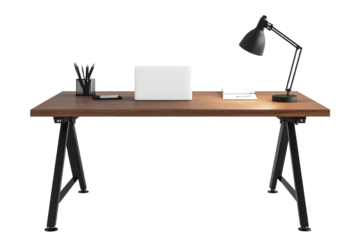 Rustic wooden desk with laptop and lamp isolated on transparent background. Minimalist office desk with lamp table isolated on white background.