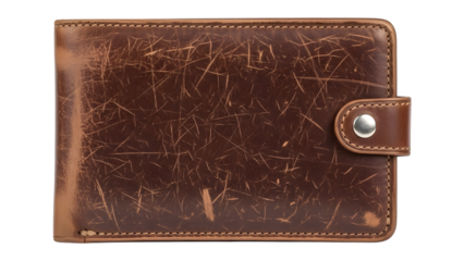 Brown leather wallet with scratches and silver snap isolated on a transparent background