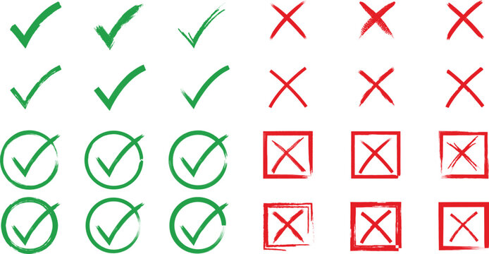 Check the tick mark icon set. Cross box x check mark checkbox v list vector draw hand-drawn sketch doodle brush marker checklist