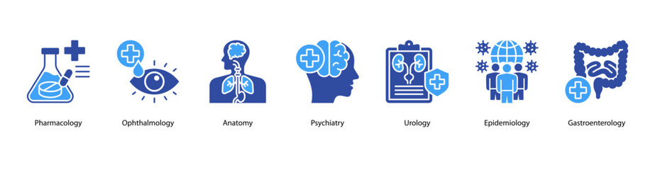 Medical Disciplines web banner illustration featuring Pharmacology, Ophthalmology, Anatomy, Psychiatry, Urology, Epidemiology, and Gastroenterology.