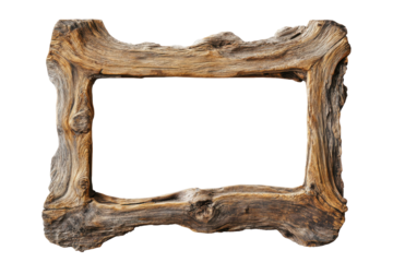 Rustic wooden picture frame with natural bark texture isolated on transparent background. Old picture wooden frame isolated on white background.