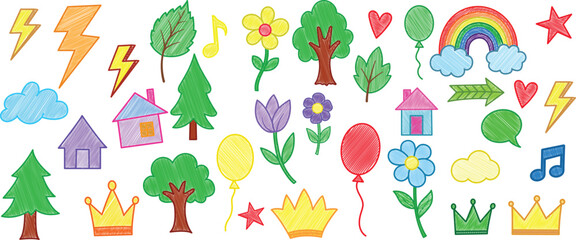 Hand-drawn crayon and pencil doodle icon set playful rainbows, hearts, crowns, flowers, suns, stars, clouds, and smiling sketches in colorful childlike chalk texture for children's elements