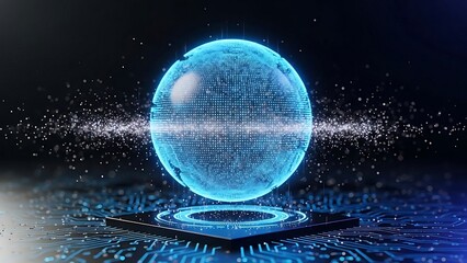 Futuristic Glowing Blue Sphere on Circuit Board.