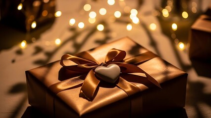 Elegant Gift Box with Heart Ornament and Bokeh Lights.