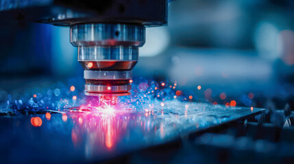 Precision laser cutting in a modern workshop creates sparks and vivid light in the heart of metal crafting
