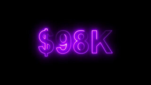 Neon line bright 98k followers isolated magenta red color animation on black background. Vibrant neon shiny 98k text  magenta red color animation digits for high-resolution. 