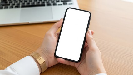 Person holding smartphone with white screen next to laptop on wooden desk