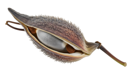 Brown seed pod with spiky exterior and white interior isolated on a transparent background plant
