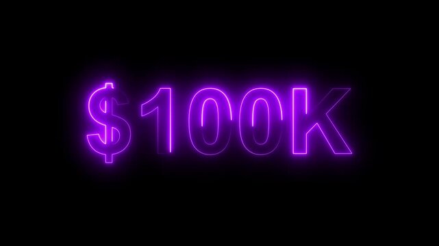 Neon line bright 100k followers isolated magenta red color animation on black background. Vibrant neon shiny 100k text  magenta red color animation digits for high-resolution. 