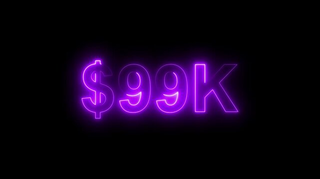 Neon line bright 99k followers isolated magenta red color animation on black background. Vibrant neon shiny 99k text  magenta red color animation digits for high-resolution. 