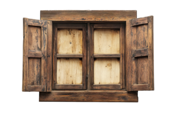 Rustic wooden window with weathered shutters isolated on transparent background. Old vintage wooden window isolated on white background.
