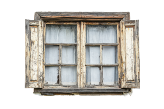 Rustic wooden window with weathered shutters isolated on transparent background. Old vintage wooden window isolated on white background. - Powered by Adobe