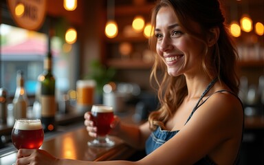 A beautiful, young European female bartender stands behind the bar in a cozy bar and smiles to the right. Advertising banner for a bar. High quality