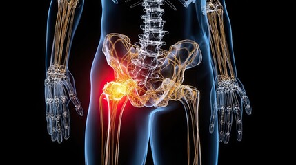 3D medical illustration of human pelvis showing highlighted hip joint pain with bones nerves and spine anatomy