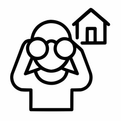 Line icon of a person with binoculars and house &mdash; searching new listings, black on white, square minimalist style