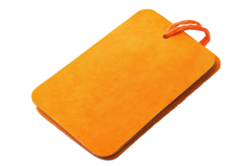 Orange rectangular tag with string isolated on transparent background. Orange price tag isolated on white background.