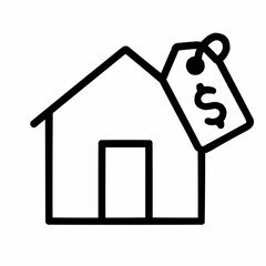 Line icon of a house with tag and dollar &mdash; pricing update, black on white, square minimalist style