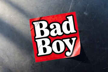 Bold 'Bad Boy' sticker with white letters on a scratched metallic background