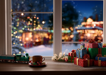 AI generator image of A warm Christmas season, with beautifully wrapped gifts stacked in many boxes. Looking out the window, I could see the snow-covered city at night, adorned with twinkling Christma