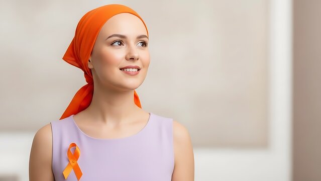 Young woman with orange headscarf and ribbon smiles hopefully during cancer treatment