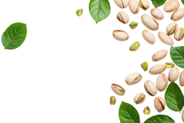 Small pile of light brown pistachios with two green leaves isolated on transparent background. Pistachios with leaf isolated on white background.