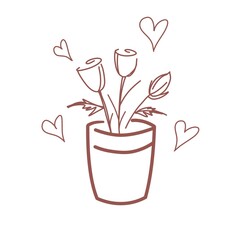Romantic flower pot with hearts line art, cute valentine doodle illustration for gift card