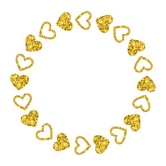 Golden Glitter Heart Circle Frame. Valentine's Day decorative round border isolated on transparent background