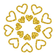 Golden Glitter Heart Circle Frame. Valentine's Day decorative round border isolated on transparent background