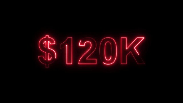Neon line bright 120k followers isolated red color animation on black background. Vibrant neon shiny 120k text red color animation digits for high-resolution. 