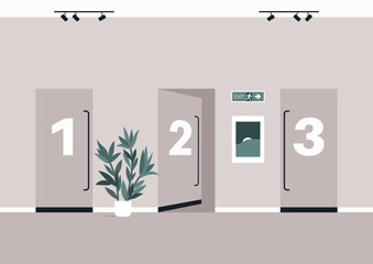 A muted color hallway presents three numbered doors, a potted plant, a framed picture, and an exit sign under the illumination of track lighting fixtures.