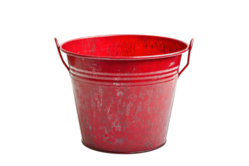 Vintage red metal bucket with handle isolated on transparent background. Red metal bucket isolated on white background.
