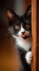 Adorable tuxedo kitten with golden eyes peeking around wooden doorframe, paw resting on corner, pink tongue visible, warm indoor lighting with soft bokeh, playful and curious expression