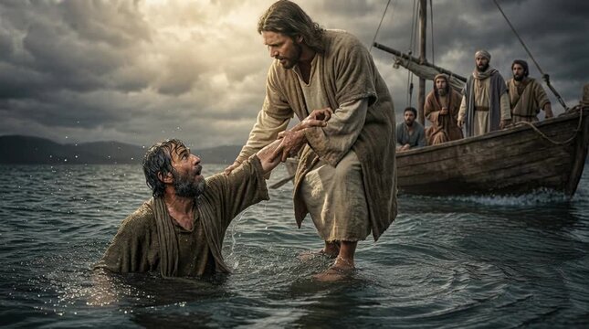 Jesus Christ Walking on Water Reaching Out to Peter Sinking in the Waves