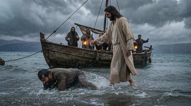 Jesus Christ Walking on Water Reaching Out to Peter Sinking in the Waves
