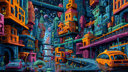ciudad con edificios y casas coloridos llamativos ciudad futurista y surrealista creativa innovadora y artificial paisaje urbano o metropoli