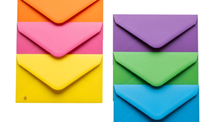 Colorful envelopes stacked in two groups isolated on a transparent background rainbow orange