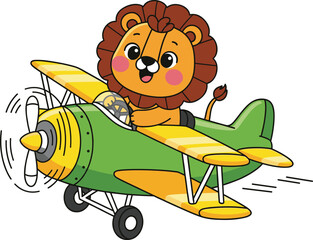 Adorable vector illustration of a cute kawaii lion character piloting a colorful green and yellow vintage biplane for children's aviation and nursery designs. © MdShakil