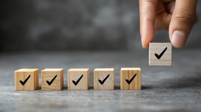Completed checklist wooden blocks arranged in a row