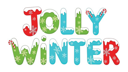 Jolly Winter: Festive typography spells out Jolly Winter, adorned with snowflakes, and candy canes, embodying the joyful spirit of the season.