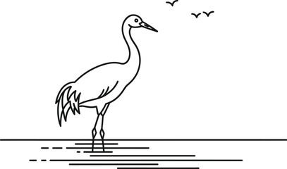 Fototapeta premium Elegant crane standing in shallow water with birds flying in the background