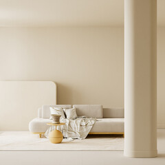 Soft minimalist living room in warm neutrals with expansive negative space wall for clean design layouts. 3D illustration