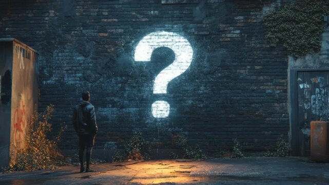 A man in a dark alley confronts a large, glowing question mark on a brick wall. A concept of mystery and uncertainty. Ideal for problem-solving visuals, business questions, or trailers.