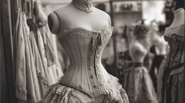 un dise&ntilde;o de un vestido o vestimenta de epoca vintage estilo renacentista o victoriano atuendo elegante de clase herencia y dise&ntilde;o montado en un taller de costura textil